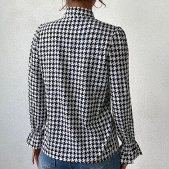 NEW houndstooth all over print long flounce blouse - Picture 6 of 9